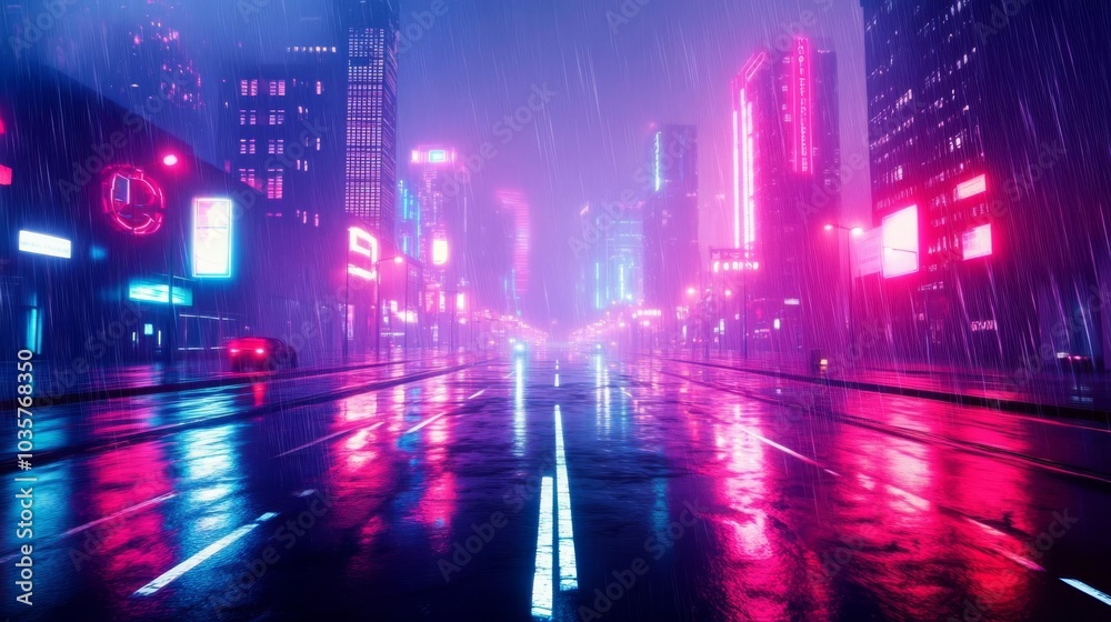 Fototapeta premium Dark futuristic cityscape, neon glow, rain falling on empty streets, heavy smog