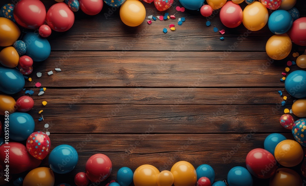 Obraz premium Festive Background with Colorful Balloons and Wooden Surface