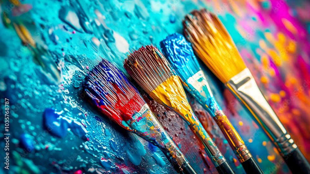 Fototapeta premium Vibrant paintbrushes on colorful abstract canvas background