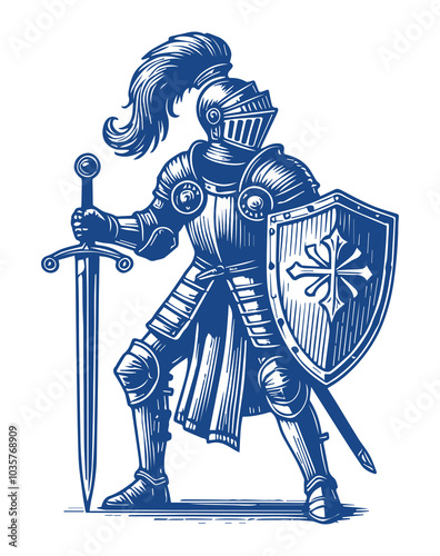 medieval knight illustration in blue and white, showcasing an armoured warrior standing ready with a sword and shield, symbolizing bravery and chivalry in a historical context