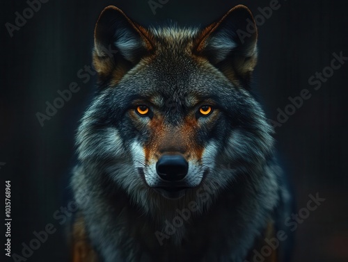 wolf with piercing yellow eyes and a striking red glow illuminating its face, set against a dark background that heightens its fierce expression and intensity, evoking a sense of mystery and power