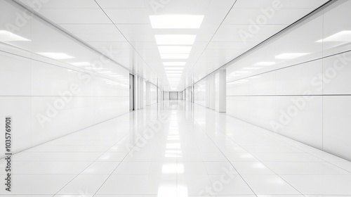 Pristine white corridor stretches into the distance, illuminated by bright overhead lights. Clean, minimalist architecture creates a sense of infinite space and sterility.