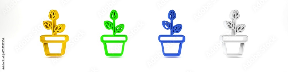 Colorful Flowers in pot icon isolated on white background. Plant growing in a pot. Potted plant sign. Minimalism concept. 3D render illustration Colorful Flowers in pot icon isolated on white background. Plant growing in a pot. Potted plant sign. Minimalism concept. 3D render illustration