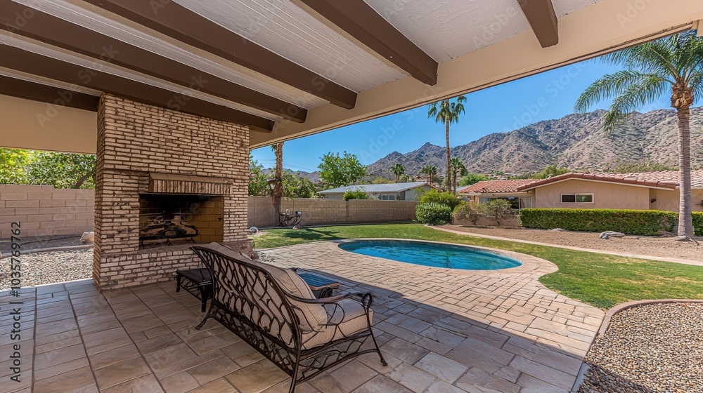 Fototapeta premium Tranquil patio view featuring a pool, lush landscape, and mountain backdrop, perfect for outdoor relaxation and entertaining.