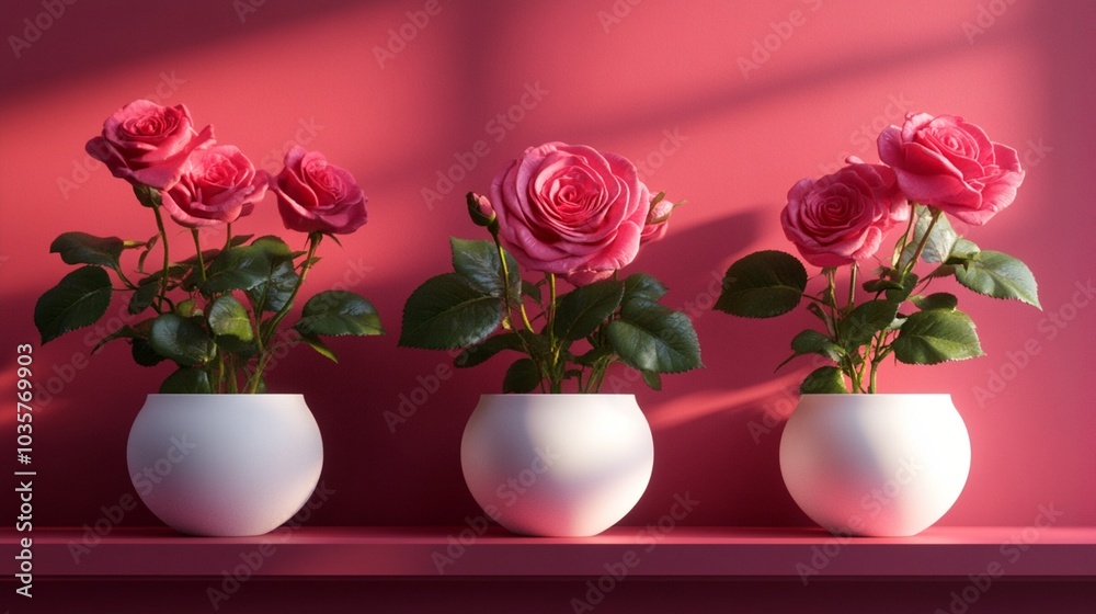 Elegant pink roses in white spherical vases cast enchanting shadows on a vibrant red background, creating a romantic and stylish floral display perfect for home decor. Elegant pink roses in white spherical vases cast enchanting shadows on a vibrant red background, creating a romantic and stylish floral display perfect for home decor.