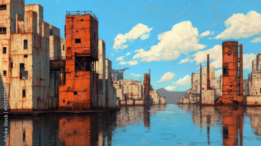 Fototapeta premium Floating cities in decay, rusted machinery, abandoned by humanity, remnants of technology