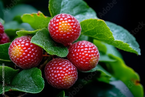 A close-up of Japanese Wineberry (Rubus Phoenicolasius) fruit, with the small, glistening red berries covered in fine hairs photo