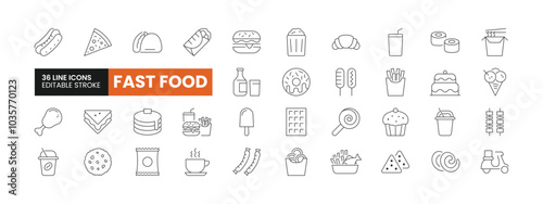 Set of 36 Fast Food line icons set. Fast Food outline icons with editable stroke collection. Includes Hot Dog, Burger, Ice Cream, Pretzel (Jalebi), Cookie, and More.