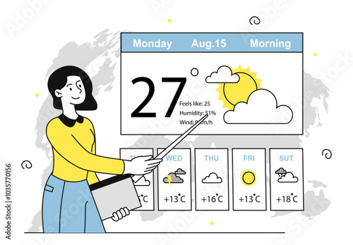 Meteorologist with pointer. Woman with pointer tells weather forecast. Television meteorological show. Knowledge and information. Linear vector illustration