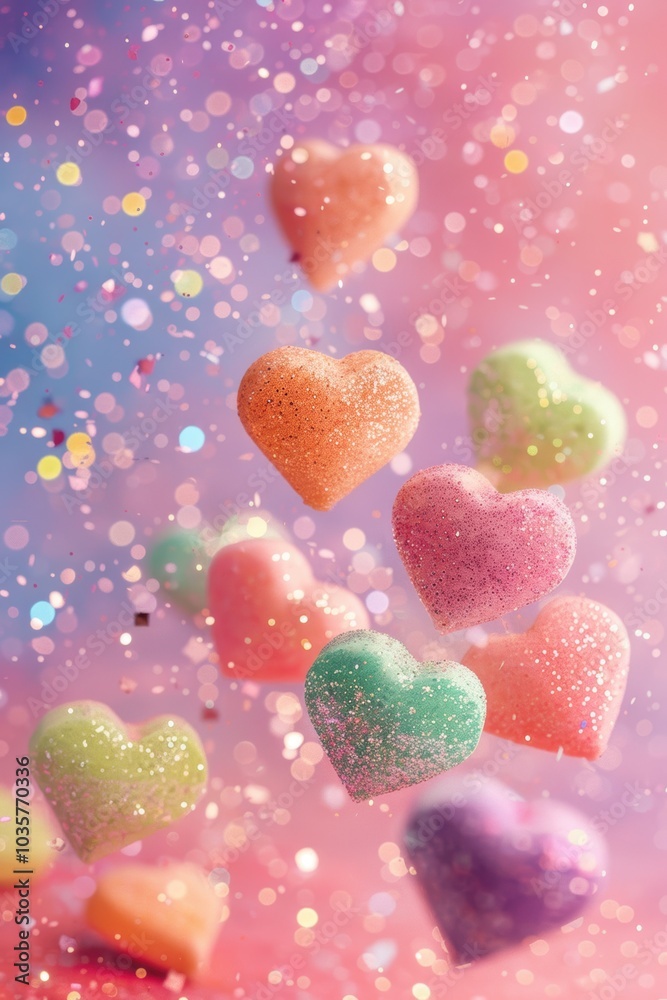 Obraz premium Playful Valentine's Day Abstract Background with Floating Candy Hearts and Glitter