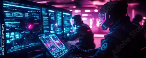 Futuristic resistance fighters, neon-lit underground bunker, holographic strategy boards