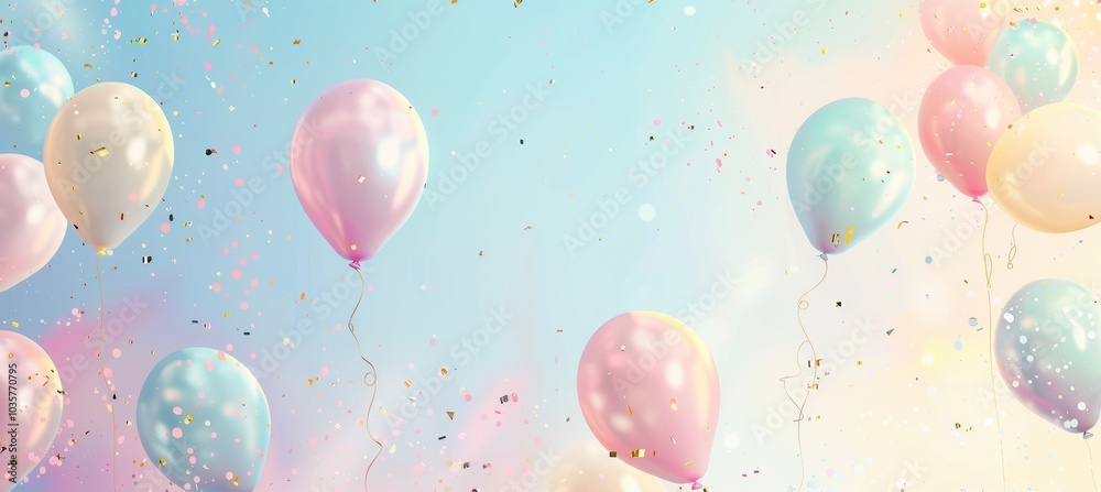 Whimsical Abstract Birthday Background with Pastel Balloons and Glittering Confetti in Dreamy Sky Whimsical Abstract Birthday Background with Pastel Balloons and Glittering Confetti in Dreamy Sky