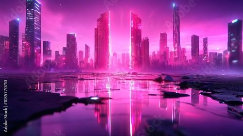 Futuristic skyscrapers, decaying structures, neon lights reflecting off broken glass