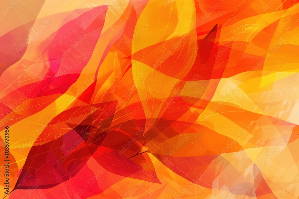 Vibrant Autumn Abstract Background with Angular Leaf Patterns in Bold Shades of Orange, Red, and Yellow