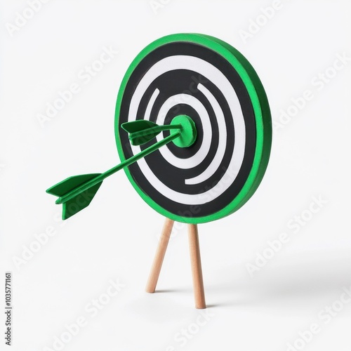 Green and white target with two arrows accurately hitting center bullseye on tripod