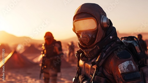 Futuristic survivors, makeshift camps, wearing cyberpunk gear, dusty barren wasteland