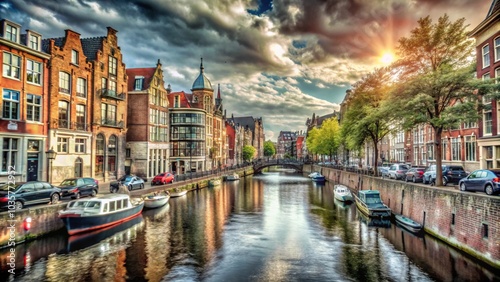 A picturesque canal lined with traditional brick buildings, with the sun setting behind a dramatic sky.