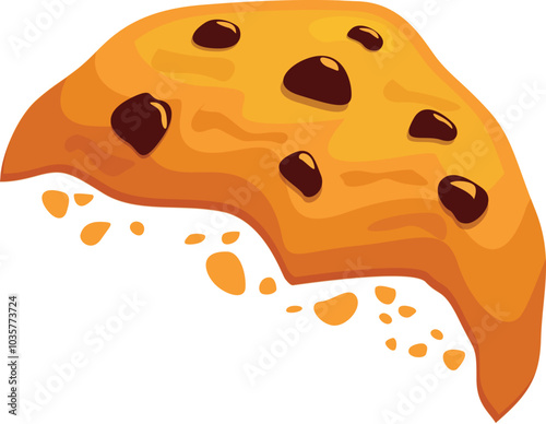 Cartoon illustration of a delicious chocolate chip cookie crumbling, leaving behind a trail of tasty crumbs
