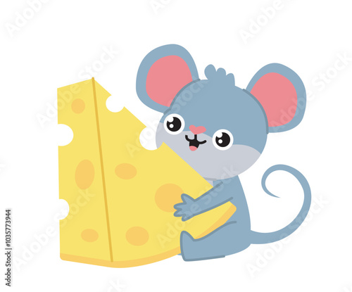 Mouse with food. Cute rodent sitting with cheese. Grey rodent with eating. Domestic animal. Sticker for social networks and messengers. Flat vector illustration