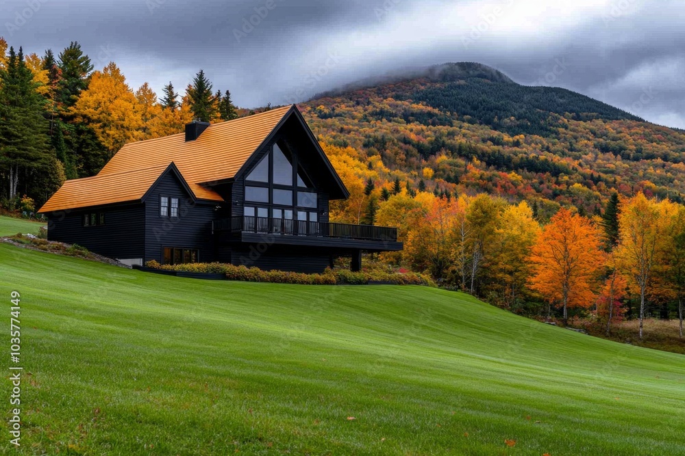 A farmhouse with rust-colored shingles, blending with the surrounding autumn landscape A farmhouse with rust-colored shingles, blending with the surrounding autumn landscape