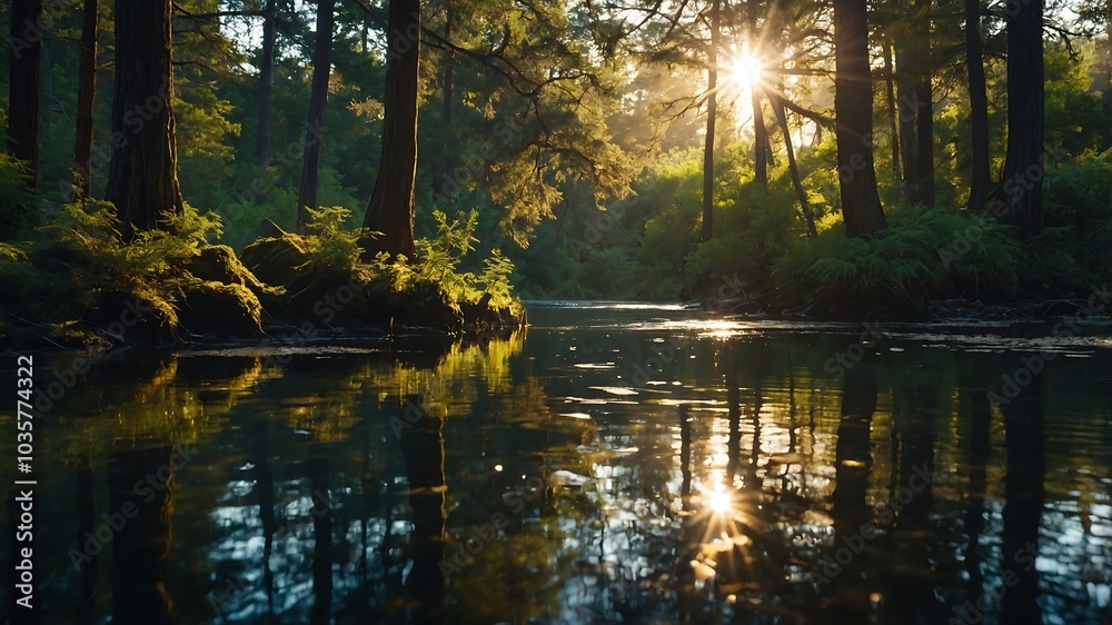 sunset over the river in forest sunset over the river in forest