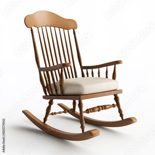 Wooden rocking chair with cushioned seat on white background displaying classic design