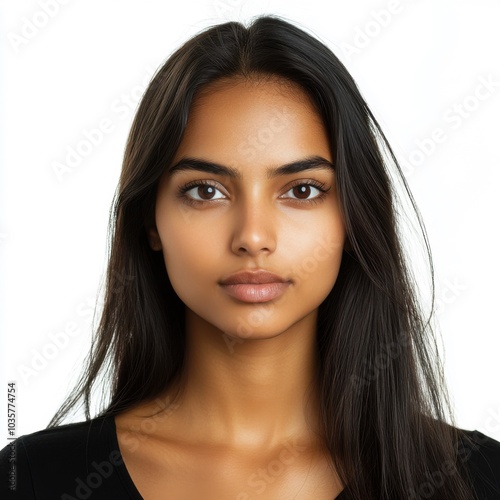 Young south asian woman with long hair in black shirt on white background