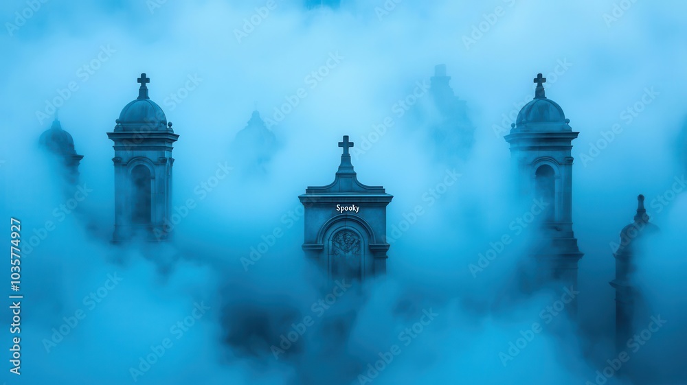 A misty scene featuring towering church spires partially obscured by dense fog, creating an eerie, atmospheric effect. A misty scene featuring towering church spires partially obscured by dense fog, creating an eerie, atmospheric effect.