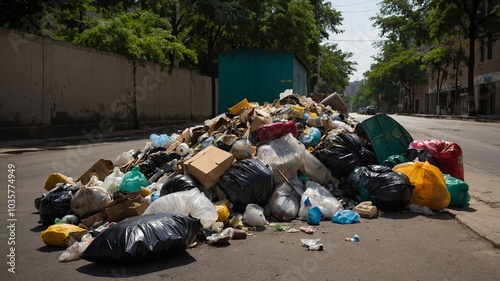 A massive pile of garbage, including black bags and discarded items, left on an urban street, reflecting poor waste management and environmental negligence. 