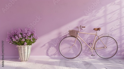 Vintage Bicycle Leaning Against a Soft Pastel Lavender Wall, Capturing a Charming and Nostalgic Aesthetic in a Minimalist Setting