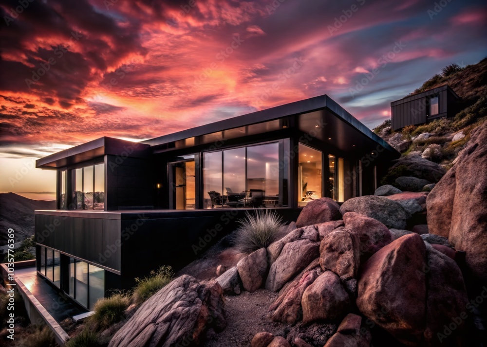 Modern High-Tech House with Panoramic Windows Set in Black Rock Landscape Modern High-Tech House with Panoramic Windows Set in Black Rock Landscape