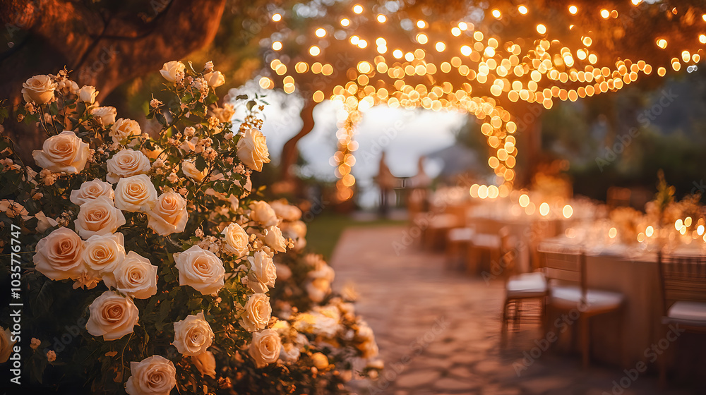 Fototapeta premium Boho Wedding Setting with Wooden Tables for Guests – Elegant and Relaxed Atmosphere