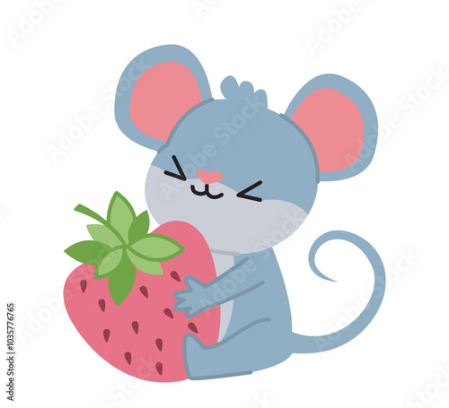 Mouse with food. Cute rodent sitting with large strawberry. Grey rodent with eating. Domestic animal. Toy or mascot for kids. Flat vector illustration