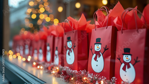 Photorealistic storefront window display, featuring red jute gift bags with snowman designs. Soft Christmas lights glow in the background, creating a festive holiday atmosphere