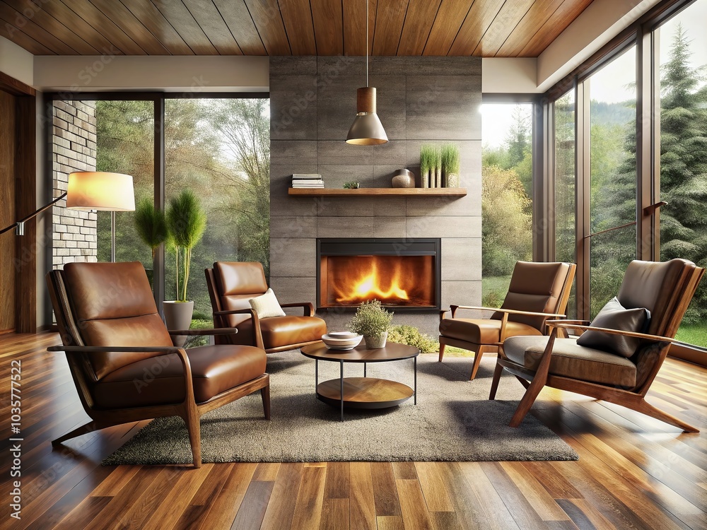 Fototapeta premium Modern Midcentury Interior Design with Wooden Floors and Dark Brown Armchairs