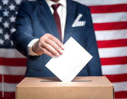 man is voting in an USA election by putting a white piece of paper into a box. USA flag on background.