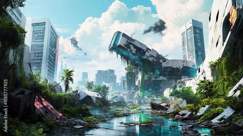 Ruined futuristic megacorp headquarters, nature reclaiming high-tech debris, malfunctioning tech photo