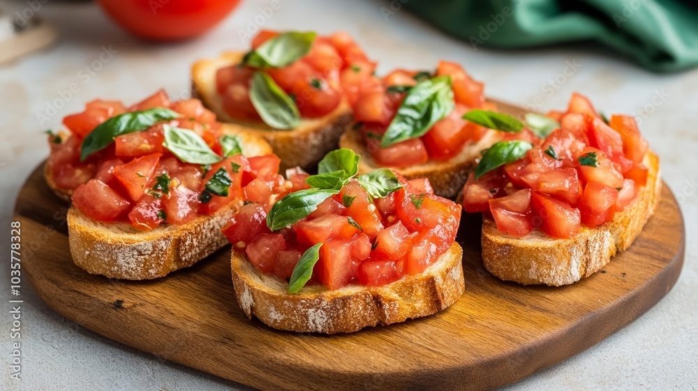 Delicious bruschetta with tomatoes and basil on toasted bread, showcasing authentic Italian flavors, Tomato Bruschetta, Italian Appetizer Delicious bruschetta with tomatoes and basil on toasted bread, showcasing authentic Italian flavors, Tomato Bruschetta, Italian Appetizer