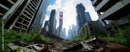 Ruined megacity, overgrown skyscrapers, flickering holographic signs, advanced tech debris