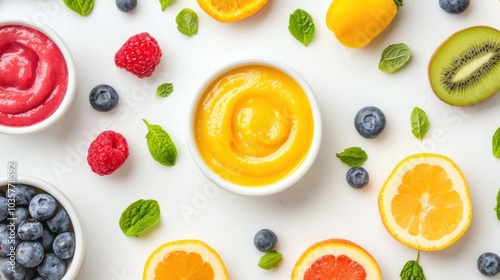 Colorful bowls of fruit purees and fresh fruit surround a white backdrop, creating a vibrant and healthy culinary display.