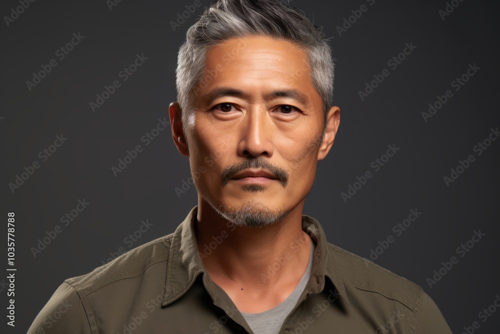 Portrait of a middle-aged Asian man in a green shirt on a dark background Portrait of a middle-aged Asian man in a green shirt on a dark background