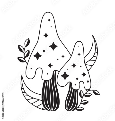 Celestial black mushroom. Esotericism and mysticism, magic. Witchcraft and sorcery. Template and layout. Mystical silhouette. Linear vector illustration