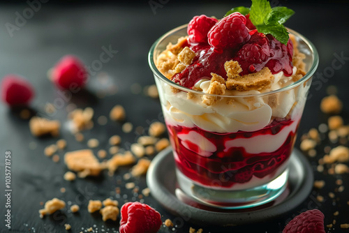 A Sumptuous Dessert Parfait in a Clear Glass Layered with Raspberry Sauce, Vanilla Cream, and Crumbled Cookies