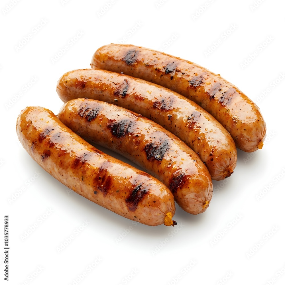 Macro Closeup of Perfectly Grilled Oktoberfest Smoked Pork Sausages on White Background Macro Closeup of Perfectly Grilled Oktoberfest Smoked Pork Sausages on White Background