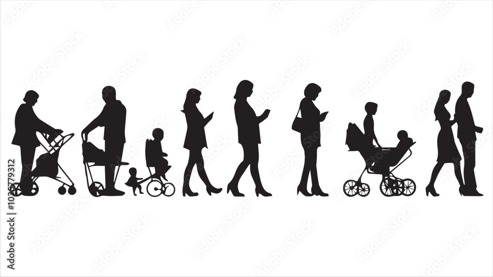 Vector silhouette of collection of people with baby carriage on white background. Symbol of family. Vector silhouette of collection of people with baby carriage on white background. Symbol of family.