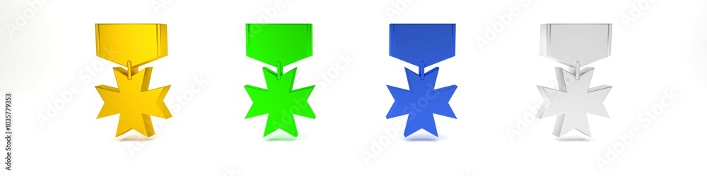 Colorful Military reward medal icon isolated on white background. Army sign. Minimalism concept. 3D render illustration Colorful Military reward medal icon isolated on white background. Army sign. Minimalism concept. 3D render illustration