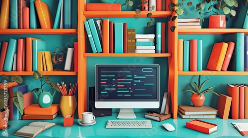 Online Courses and Virtual Lessons Featuring Books and Digital Devices, Creating an Engaging Learning Environment in a Modern Banner Format