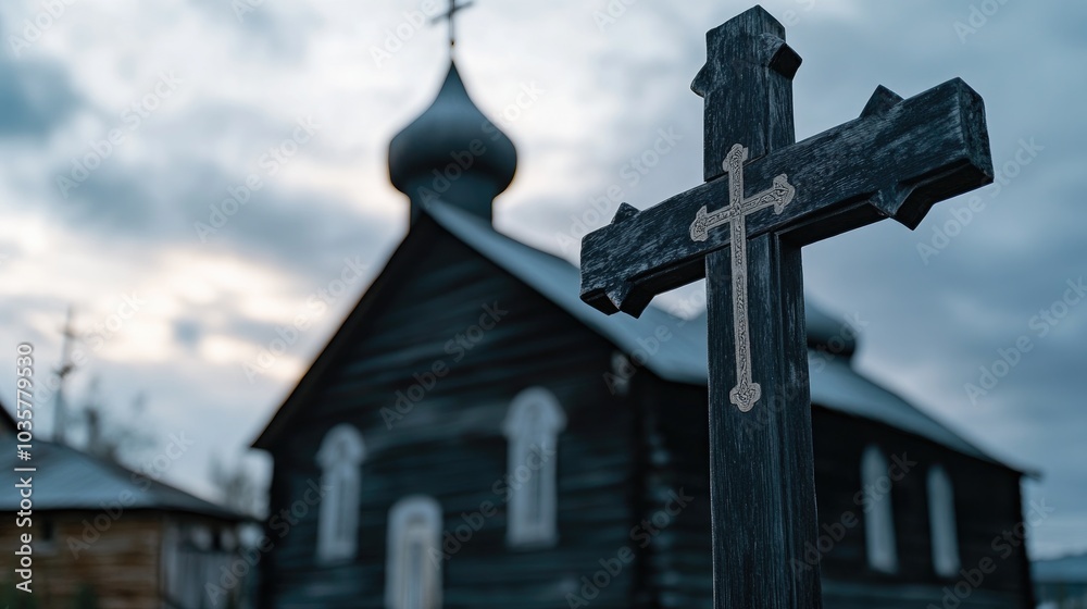 Close-up of an old Russian Orthodox church, with wooden walls and a traditional cross. Close-up of an old Russian Orthodox church, with wooden walls and a traditional cross.