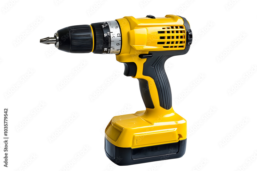 A yellow power drill with a black handle on transparent background
A yellow power drill with a black handle on transparent background