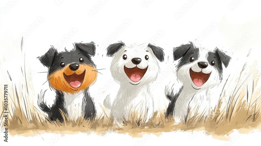 playful dogs depicted in a simple childlike drawing style ink outlines on crisp white background exuding joy and whimsy